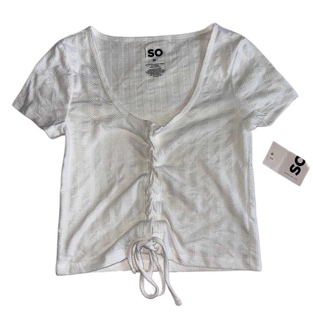 SO White Short-Sleeve Ruched Front Tie Top